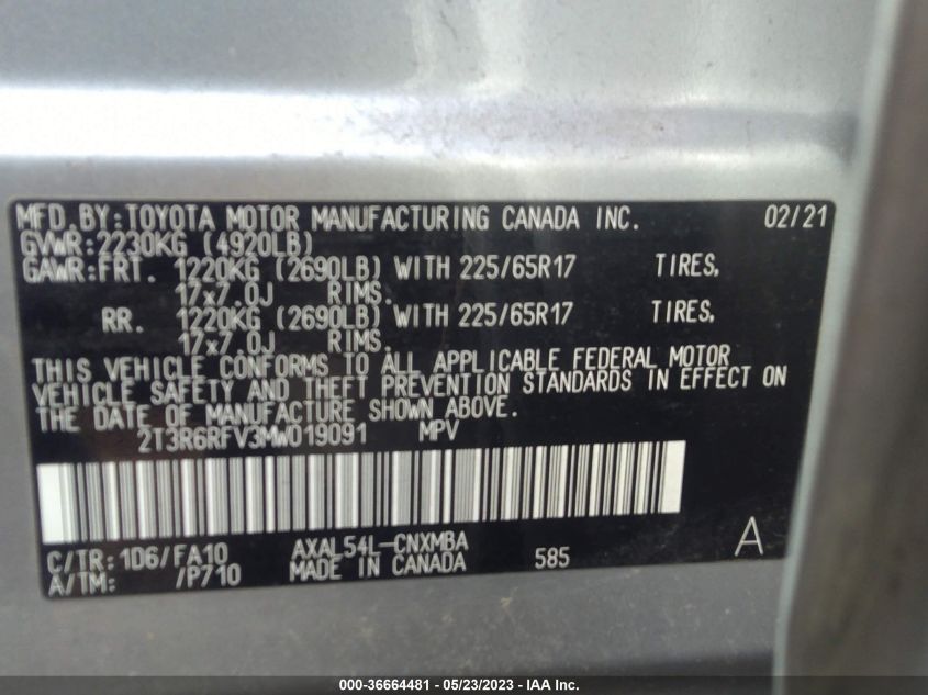 2021 TOYOTA RAV4 HYBRID - 2T3R6RFV3MW019091