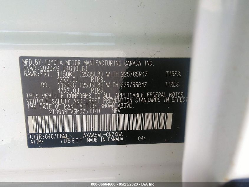 2021 TOYOTA RAV4 LE - 2T3G1RFV6MC251370