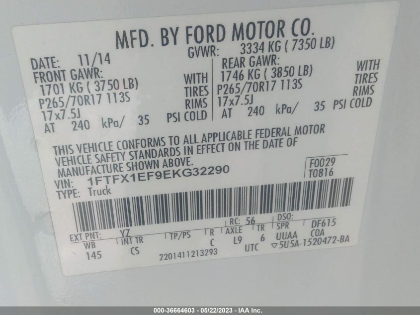 2014 FORD F-150 XL/XLT/STX/LARIAT/FX4 - 1FTFX1EF9EKG32290