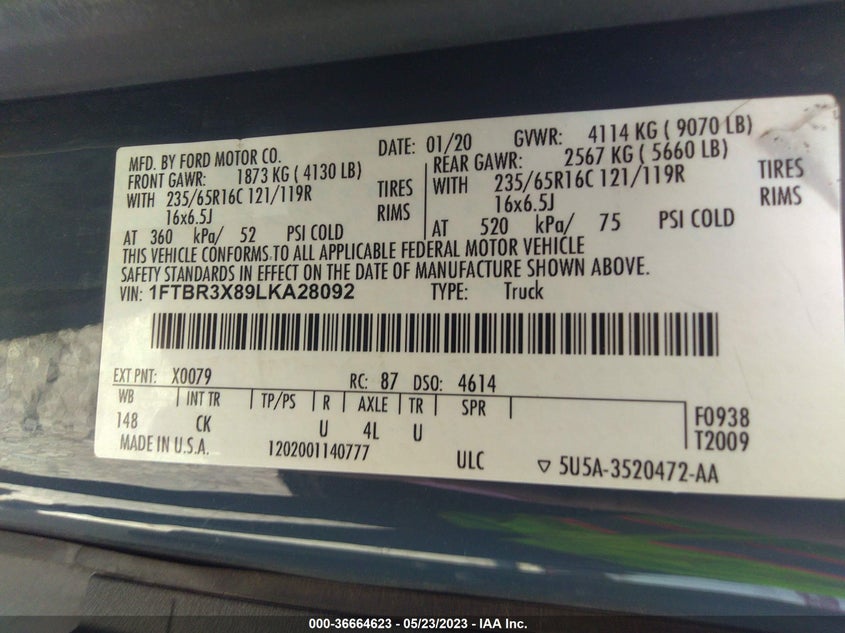 VIN 1FTBR3X89LKA28092 2020 FORD TRANSIT CARGO VAN