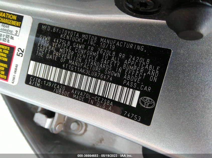 2020 TOYOTA CAMRY SE - 4T1G11AK3LU876474