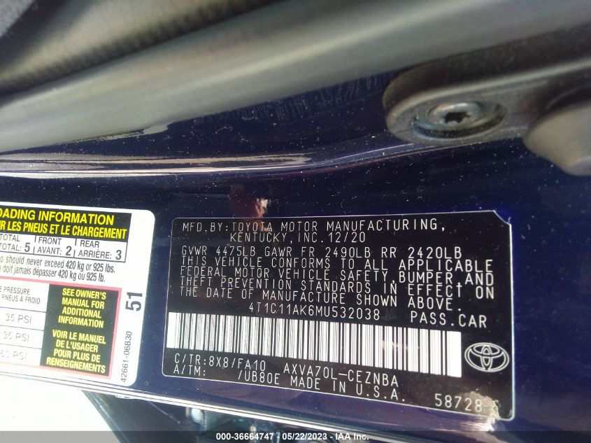 2021 TOYOTA CAMRY LE - 4T1C11AK6MU532038