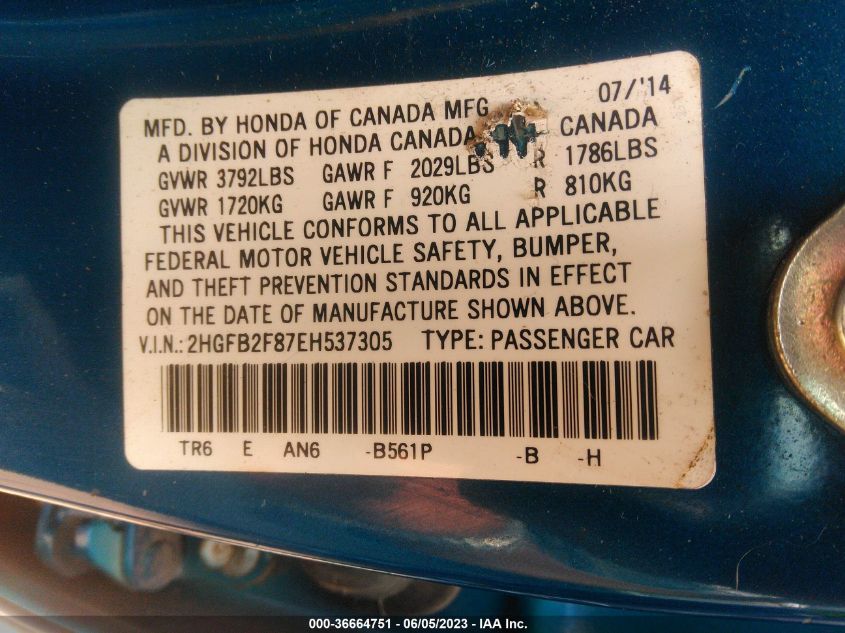 2014 HONDA CIVIC SEDAN EX - 2HGFB2F87EH537305