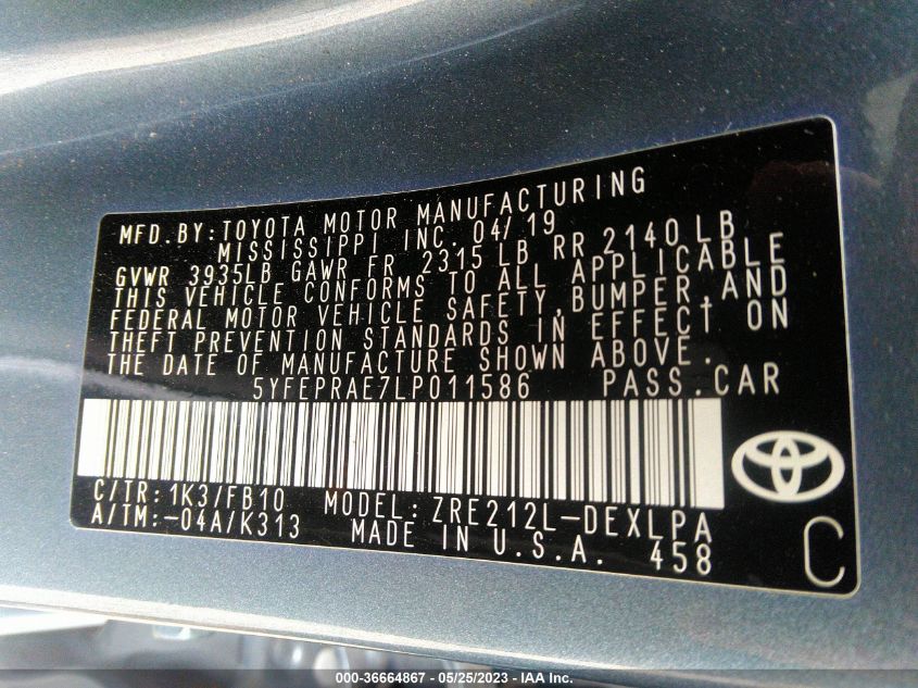 2020 TOYOTA COROLLA LE - 5YFEPRAE7LP011586
