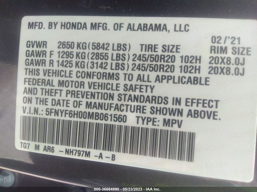2021 HONDA PILOT ELITE - 5FNYF6H00MB061560