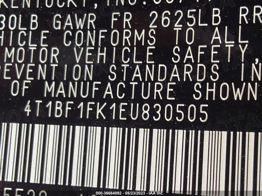 2014 TOYOTA CAMRY L/LE/XLE/SE/SE SPORT - 4T1BF1FK1EU830505