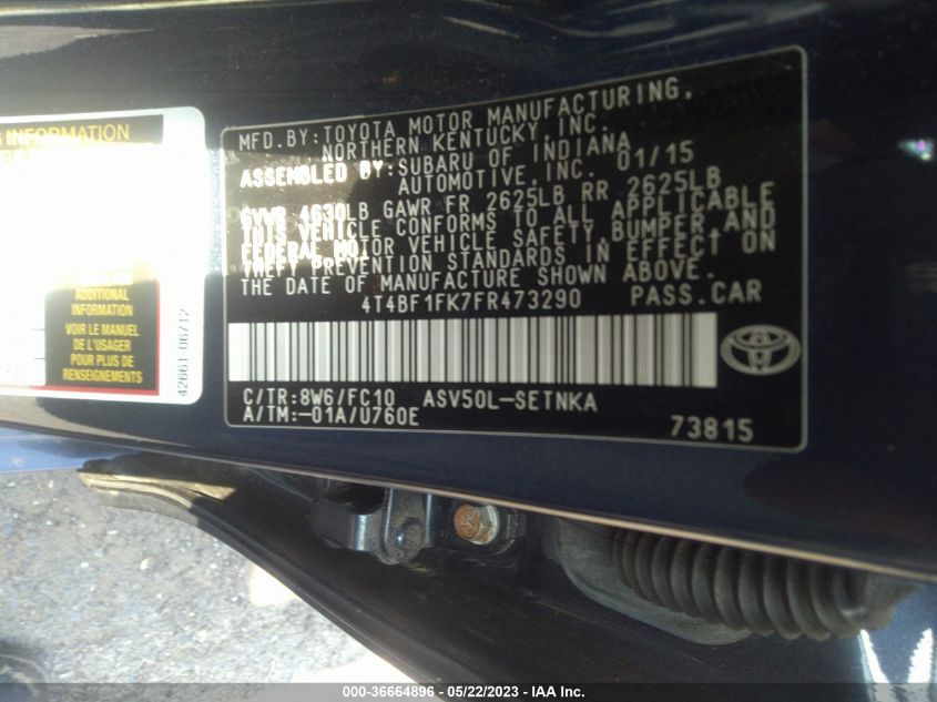 2015 TOYOTA CAMRY XLE/SE/LE/XSE - 4T4BF1FK7FR473290