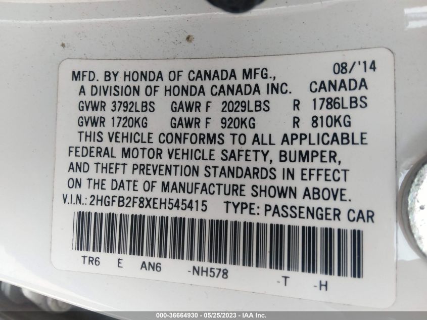 2014 HONDA CIVIC SEDAN EX - 2HGFB2F8XEH545415