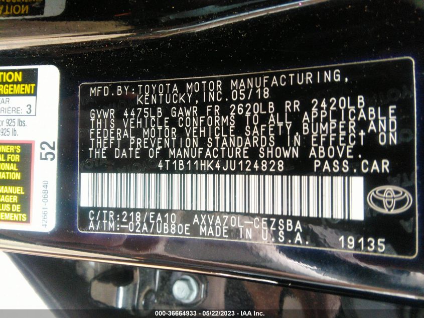 2018 TOYOTA CAMRY LE/SE/XLE/L - 4T1B11HK4JU124828
