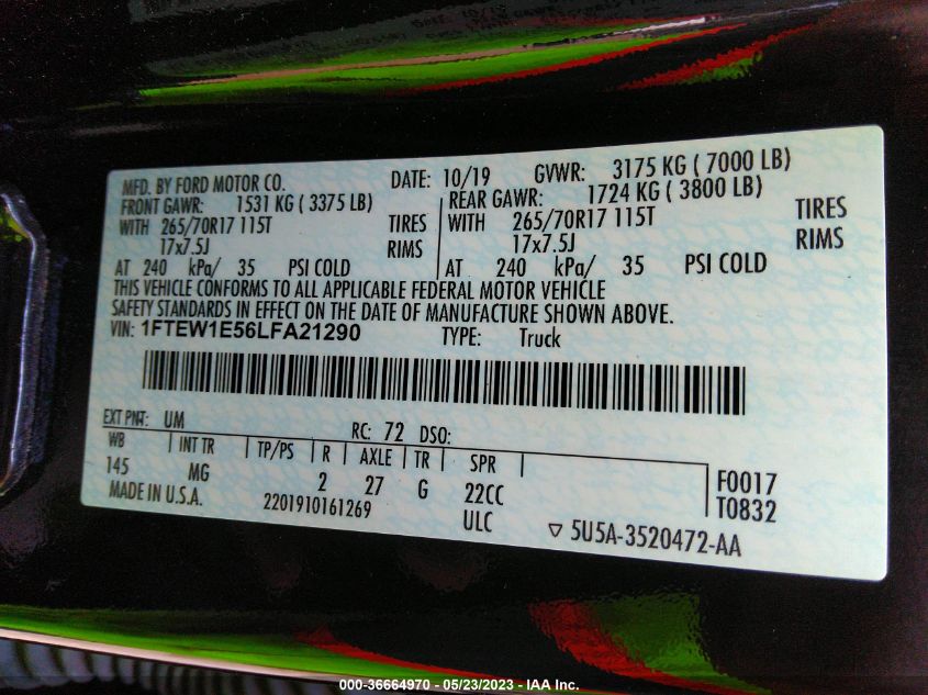 2020 FORD F-150 XL/XLT/LARIAT - 1FTEW1E56LFA21290