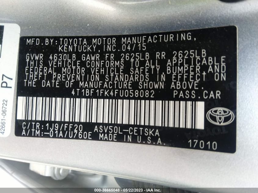 2015 TOYOTA CAMRY XLE/SE/LE/XSE - 4T1BF1FK4FU058082