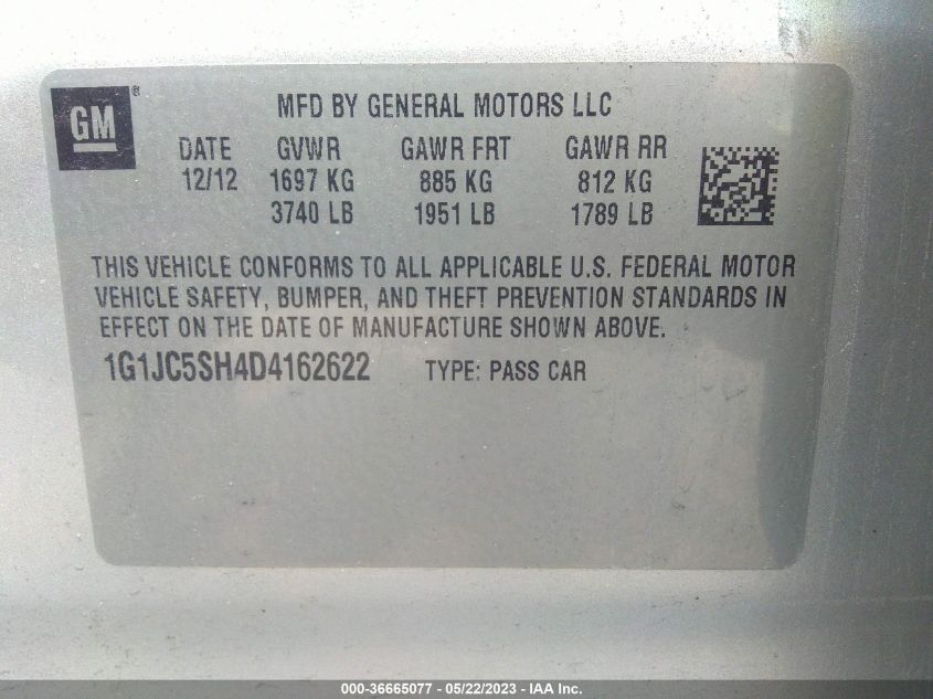 2013 CHEVROLET SONIC LT - 1G1JC5SH4D4162622
