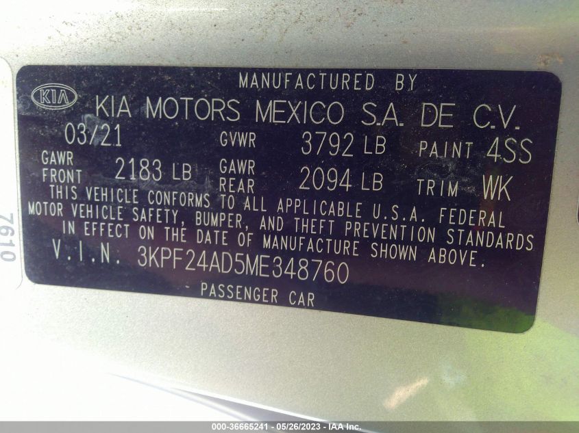 2021 KIA FORTE LXS - 3KPF24AD5ME348760
