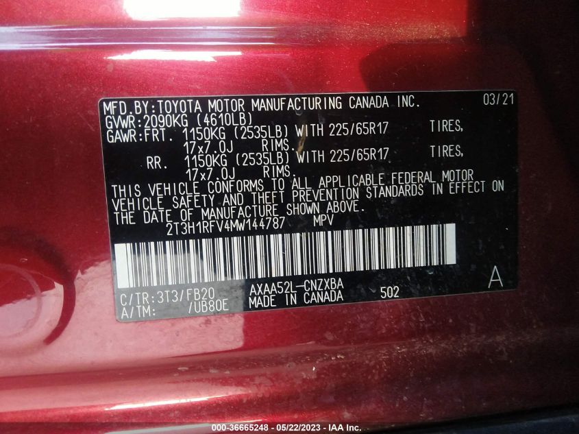 2021 TOYOTA RAV4 LE - 2T3H1RFV4MW144787
