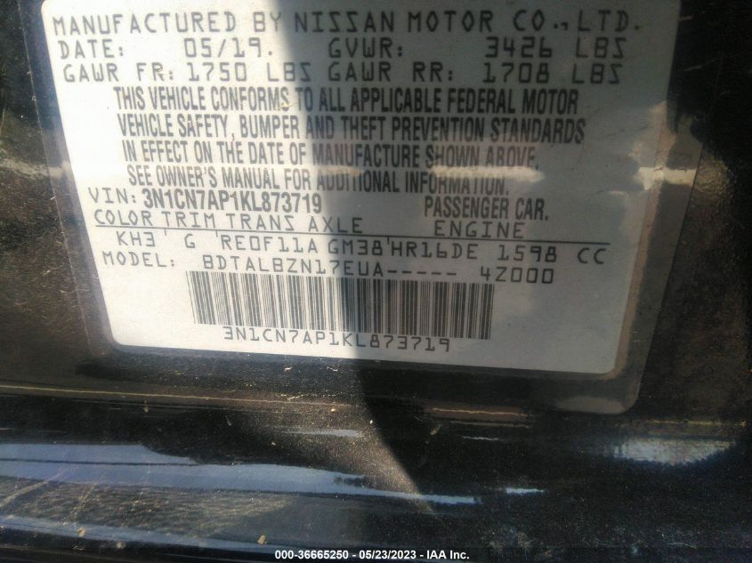 2019 NISSAN VERSA SEDAN SV - 3N1CN7AP1KL873719