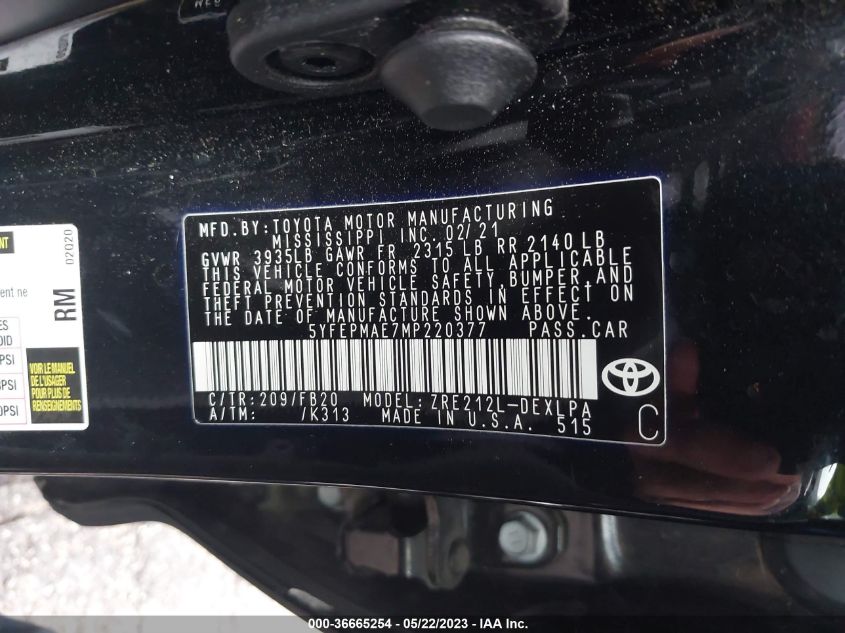2021 TOYOTA COROLLA LE - 5YFEPMAE7MP220377