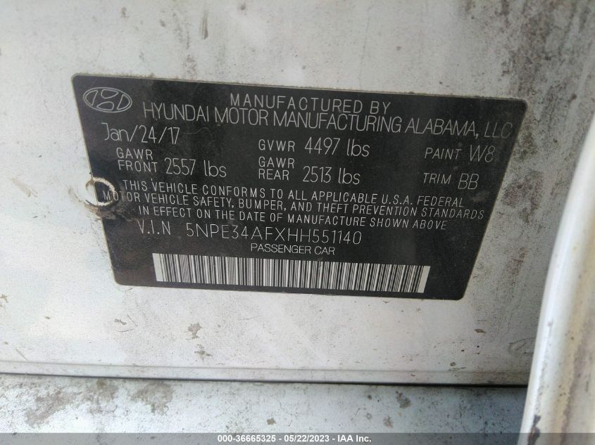 2017 HYUNDAI SONATA SPORT - 5NPE34AFXHH551140