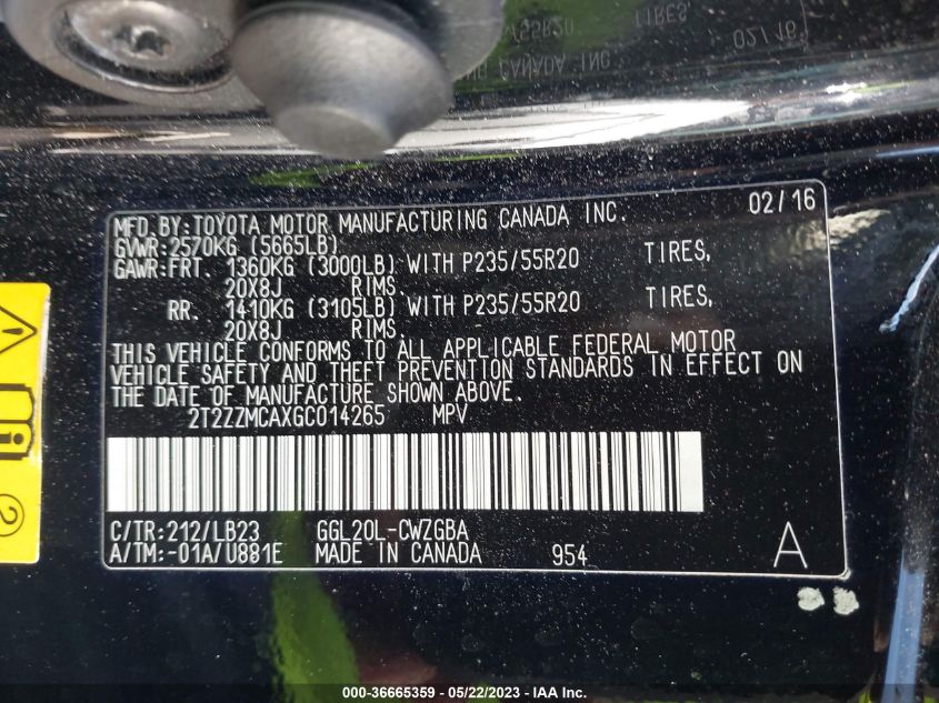 2016 LEXUS RX 350 - 2T2ZZMCAXGC014265
