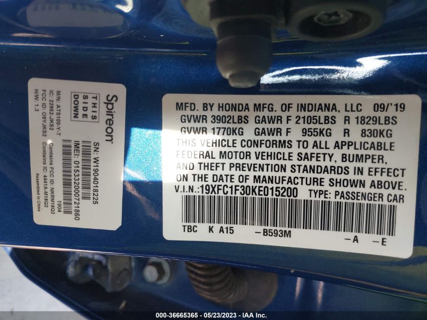 2019 HONDA CIVIC SEDAN EX - 19XFC1F30KE015200