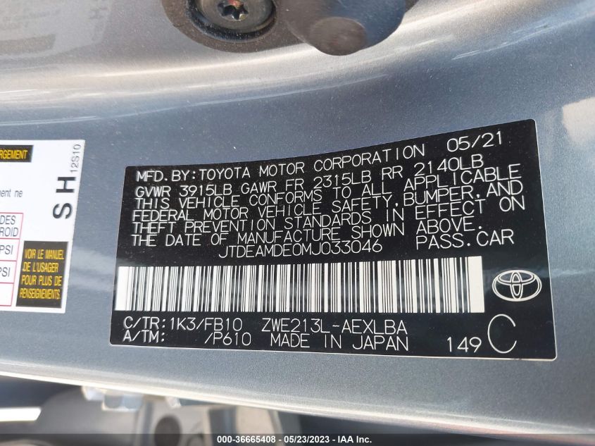 2021 TOYOTA COROLLA HYBRID LE - JTDEAMDE0MJ033046