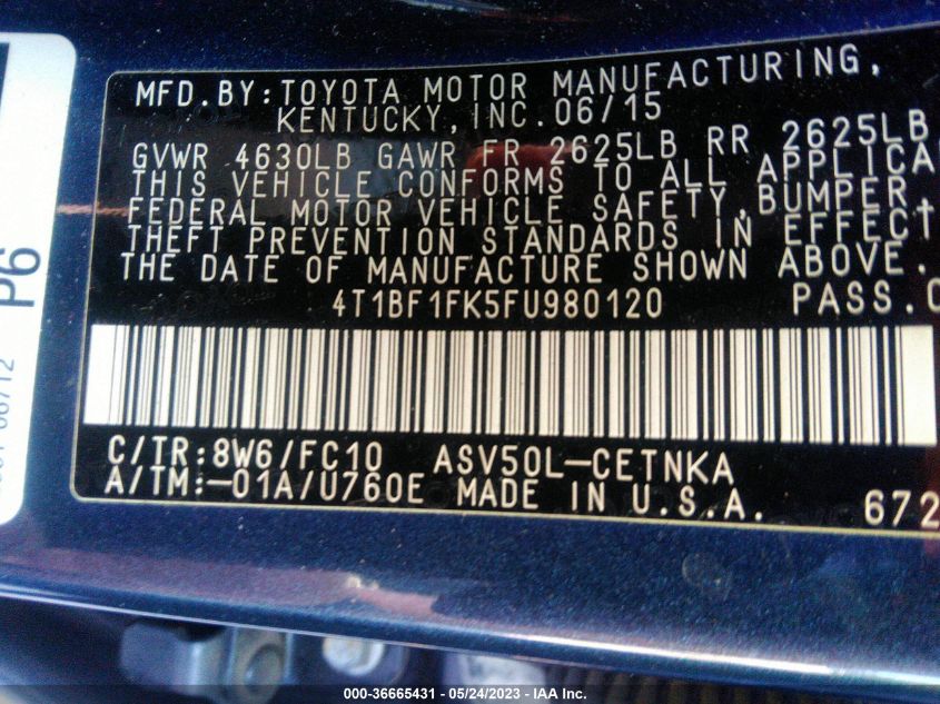 2015 TOYOTA CAMRY XLE/SE/LE/XSE - 4T1BF1FK5FU980120
