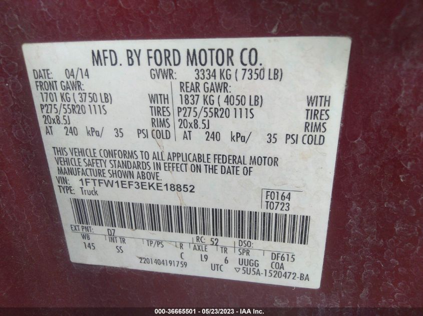 2014 FORD F-150 XL/XLT/STX/FX4/LARIAT - 1FTFW1EF3EKE18852