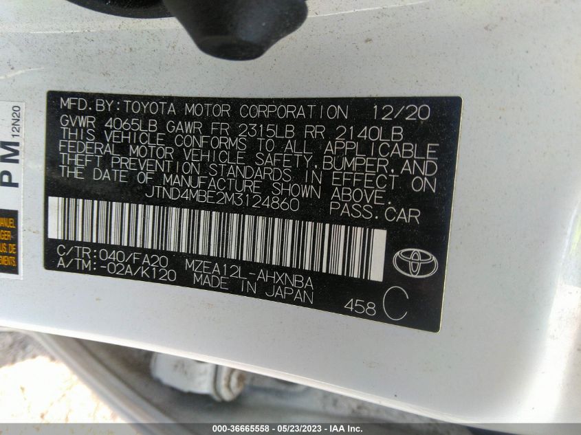 2021 TOYOTA COROLLA HATCHBACK SE/XSE/NIGHTSHADE JTND4MBE2M3124860