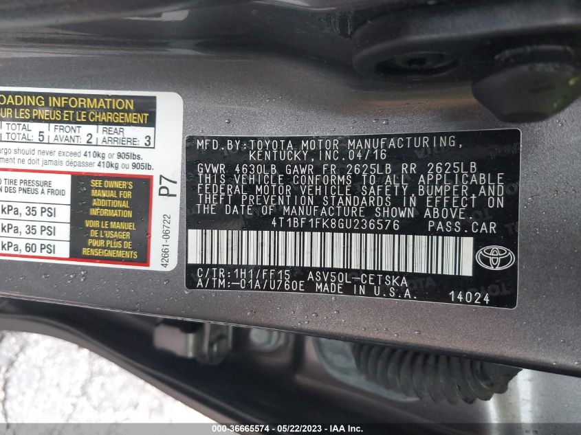 2016 TOYOTA CAMRY XLE/SE/LE/XSE - 4T1BF1FK8GU236576
