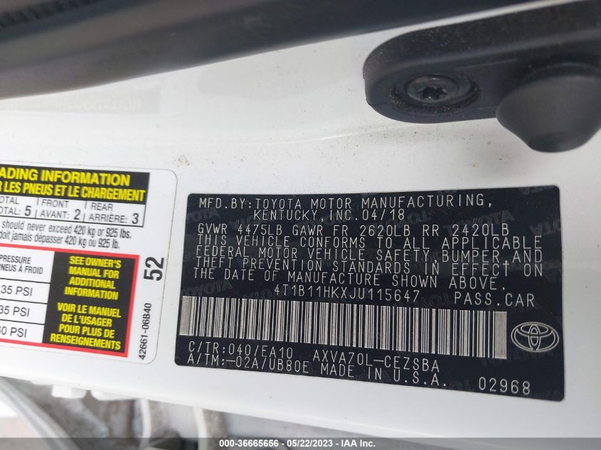 2018 TOYOTA CAMRY LE/SE/XLE/L - 4T1B11HKXJU115647