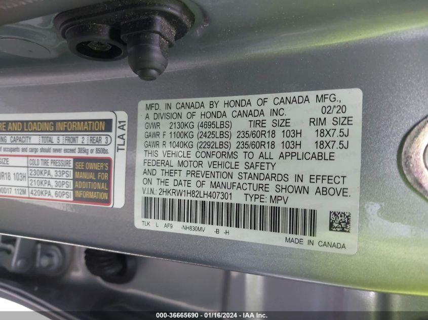 2020 HONDA CR-V 2WD EX-L - 2HKRW1H82LH407301