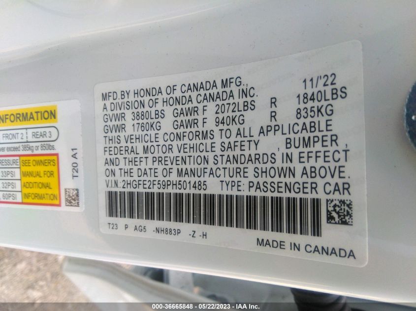2023 HONDA CIVIC SEDAN SPORT - 2HGFE2F59PH501485