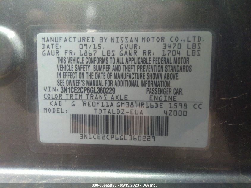 2016 NISSAN VERSA NOTE S/S PLUS/SV/SR/SL - 3N1CE2CP6GL360229