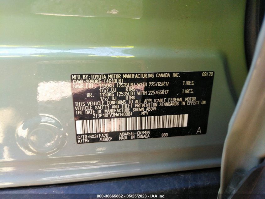 2021 TOYOTA RAV4 XLE 2T3P1RFV3MW140984