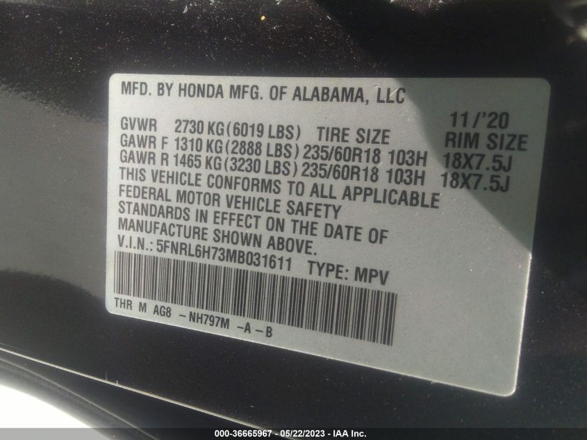 2021 HONDA ODYSSEY EX-L - 5FNRL6H73MB031611