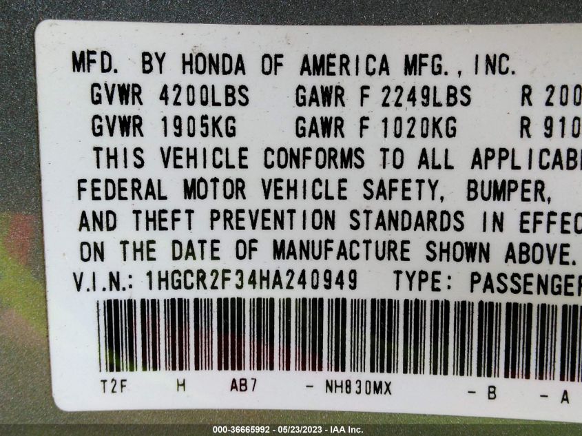 2017 HONDA ACCORD SEDAN LX - 1HGCR2F34HA240949