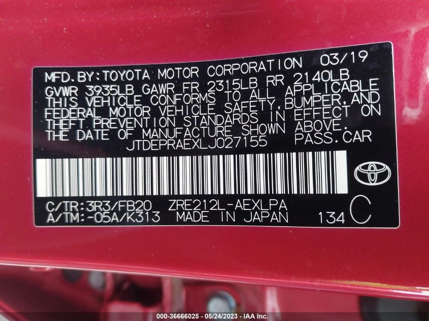 2020 TOYOTA COROLLA LE - JTDEPRAEXLJ027155