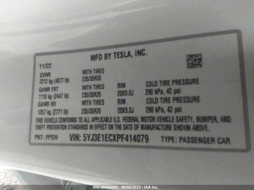 5YJ3E1ECXPF414079 Tesla Model 3 2023. Фото: 8