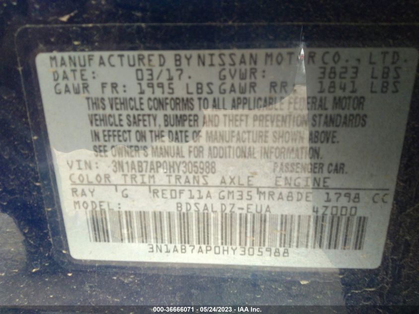 2017 NISSAN SENTRA SV - 3N1AB7AP0HY305988