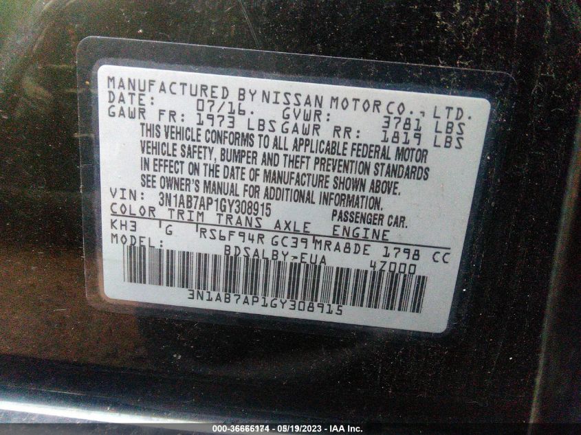 2016 NISSAN SENTRA S - 3N1AB7AP1GY308915