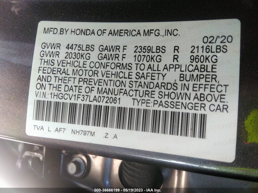 VIN 1HGCV1F37LA072061 2020 HONDA ACCORD SEDAN SPORT