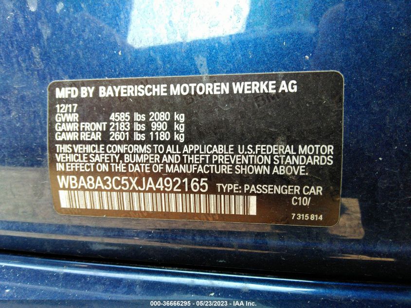 2018 BMW 3 SERIES 320I XDRIVE - WBA8A3C5XJA492165