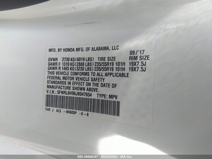 VIN 5FNRL6H96JB047654 2018 HONDA ODYSSEY ELITE