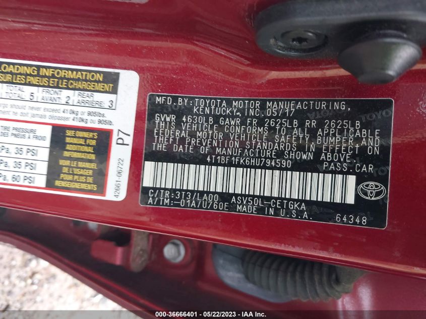 2017 TOYOTA CAMRY XLE/SE/LE/XSE - 4T1BF1FK6HU794590
