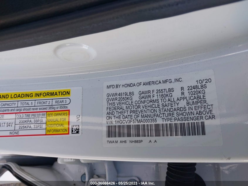 VIN 1HGCV3F57MA000355 2021 HONDA ACCORD HYBRID EX-L
