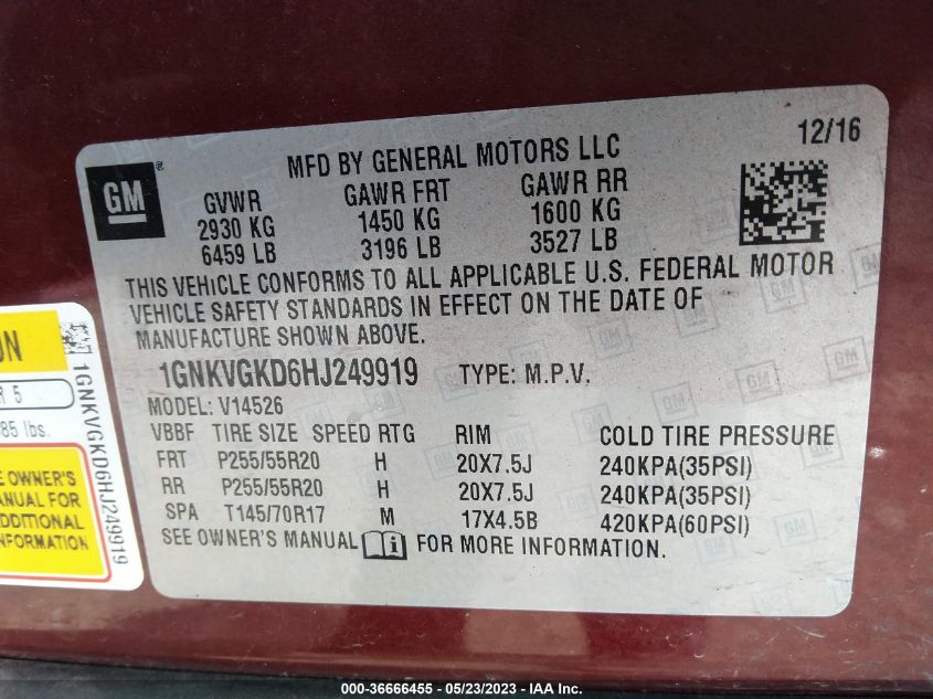 2017 CHEVROLET TRAVERSE LT - 1GNKVGKD6HJ249919