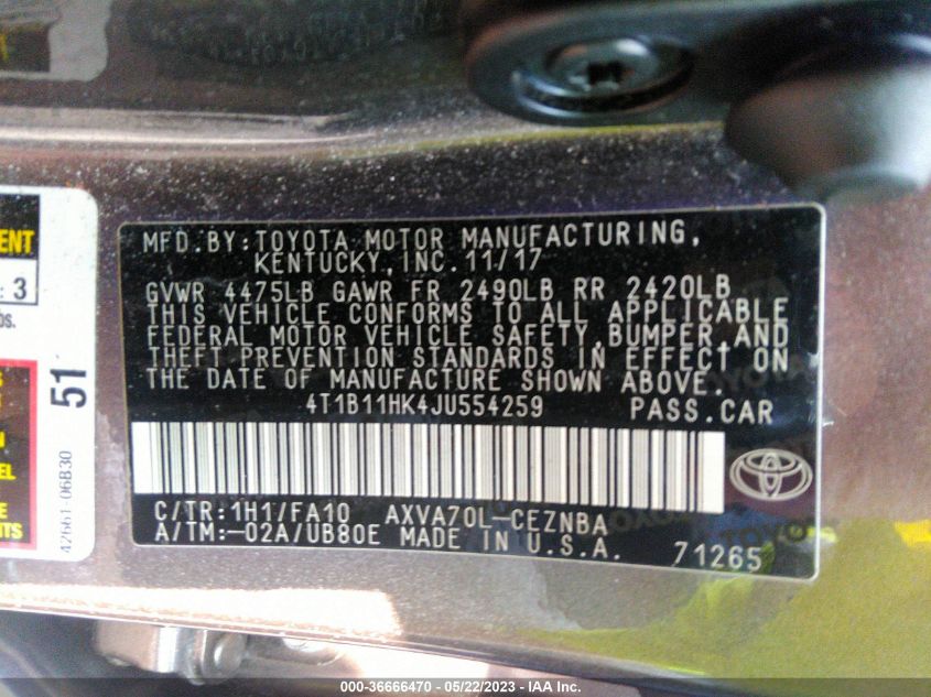2018 TOYOTA CAMRY LE/SE/XLE/L - 4T1B11HK4JU554259