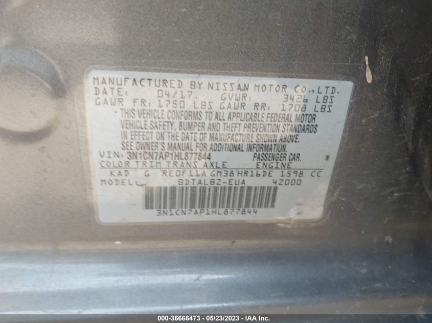 2017 NISSAN VERSA SEDAN SV - 3N1CN7AP1HL877844