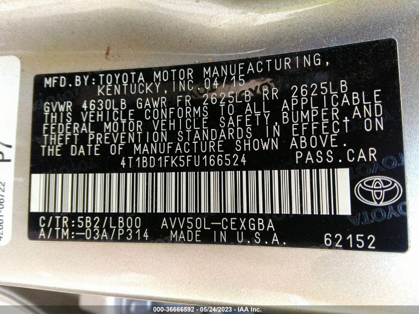 2015 TOYOTA CAMRY HYBRID LE/XLE/SE - 4T1BD1FK5FU166524