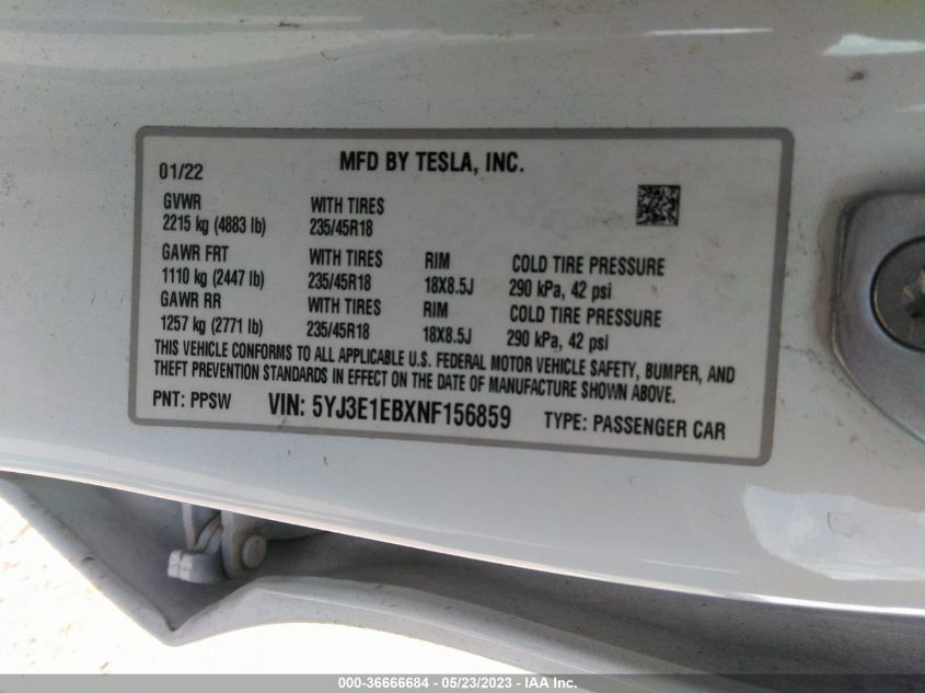 2022 TESLA MODEL 3 LONG RANGE - 5YJ3E1EBXNF156859