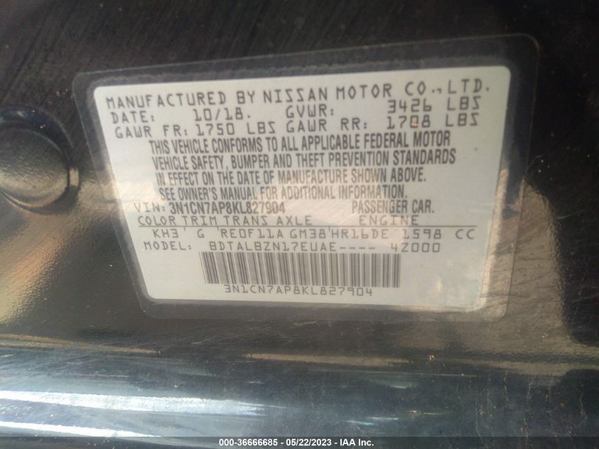 2019 NISSAN VERSA SEDAN SV - 3N1CN7AP8KL827904